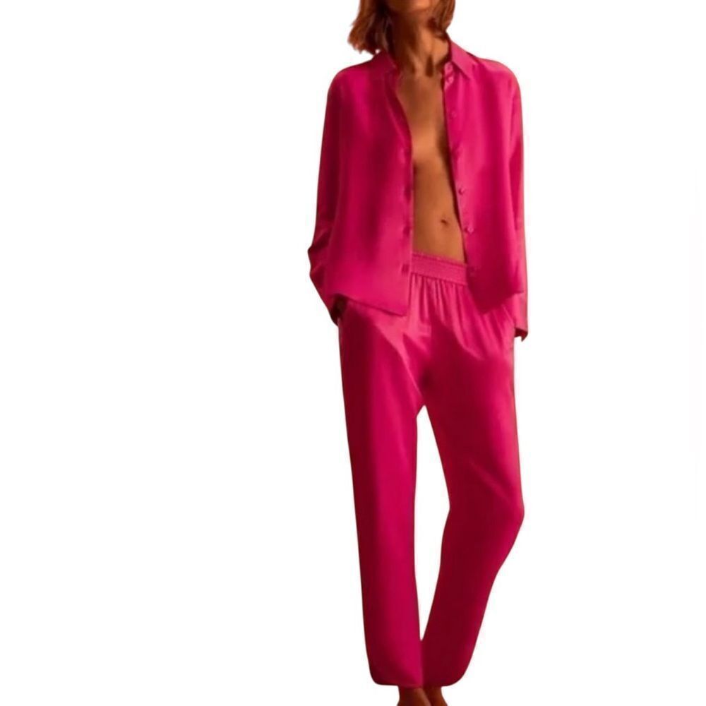 Zara Satin Effect Fuschia Pink Pants Set(Size Medium)